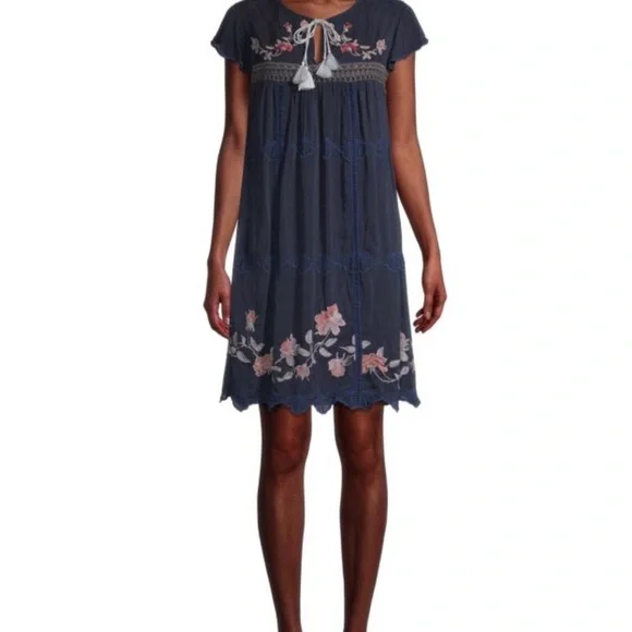 Johnny Was Blue Edda Dress with Colorful Embroidery - Picture 1 of 5